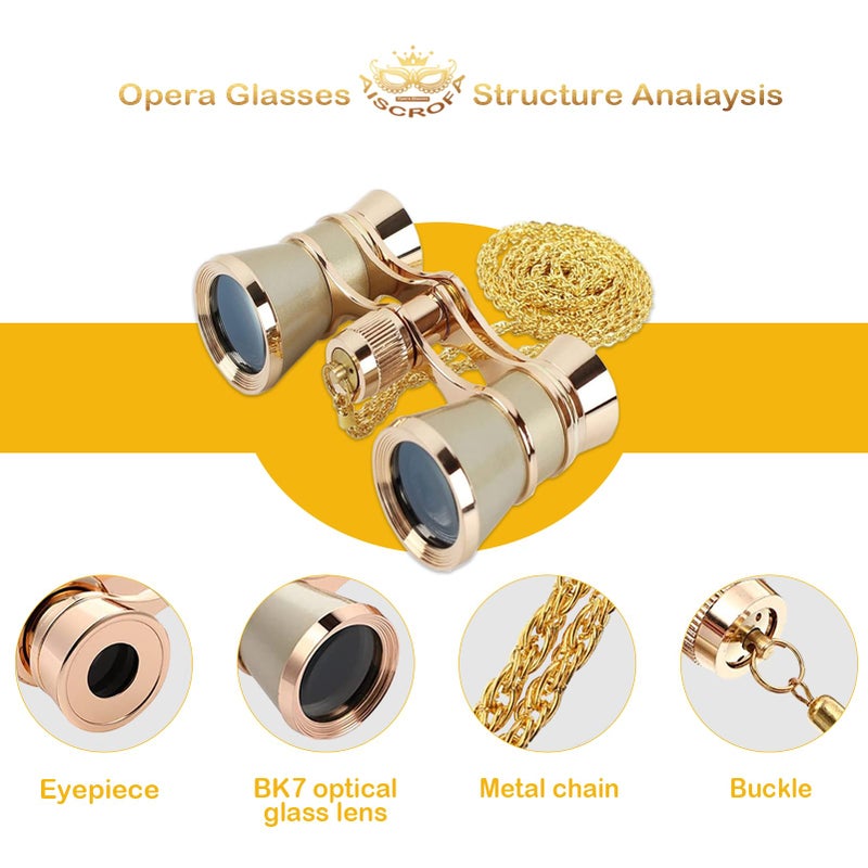 AiScrofa Opera Glasses Binoculars 3X25,Mini Binocular Compact Lightweight,with Chain for Adults Kids Women in Musical Concert (Gold with Chain) - Image 2